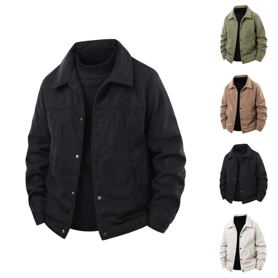 Corduroy Jacket Men Long Sleeve Loose Casual Button Down Collared Coat with Pockets Fall Winter Outerwear