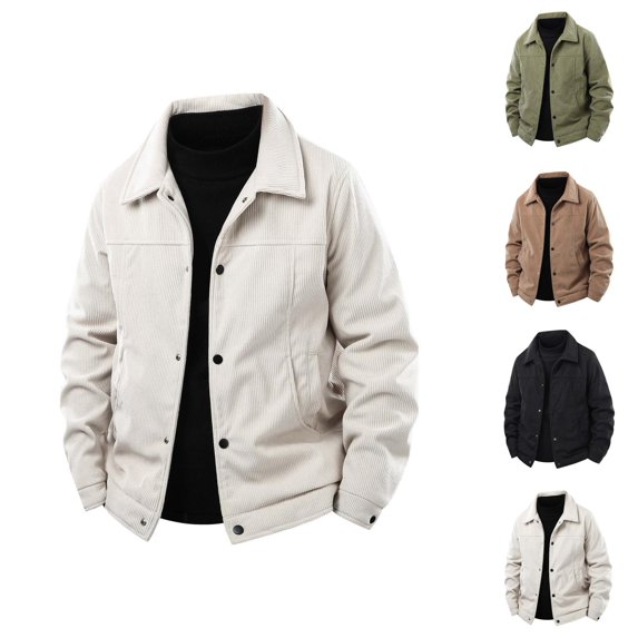 Corduroy Jacket Men Long Sleeve Loose Casual Button Down Collared Coat with Pockets Fall Winter Outerwear