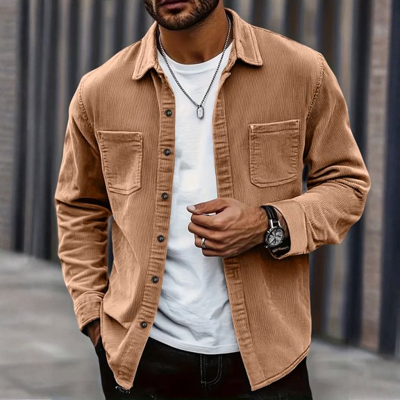 Corduroy Jacket Men Mens Shirt Jacket Lightweight – Men's Western Shirts, Men's Denim Shirt Solid Color Long Sleeve Casual Pocket Shirt Jacket 02-Light Brown S