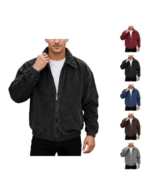 Corduroy Jacket Men Vintage Casual Long Sleeve Loose Lapel Collar Zip Up Jackets with Pockets Fall Winter Coat Outerwear