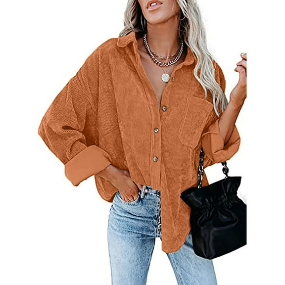 Corduroy Jacket Women Button Down Shacket Casual Shirt Jacket Loose Dropped Shoulder Long Sleeve Boyfriend Blouses Tops with Chest Pocket
