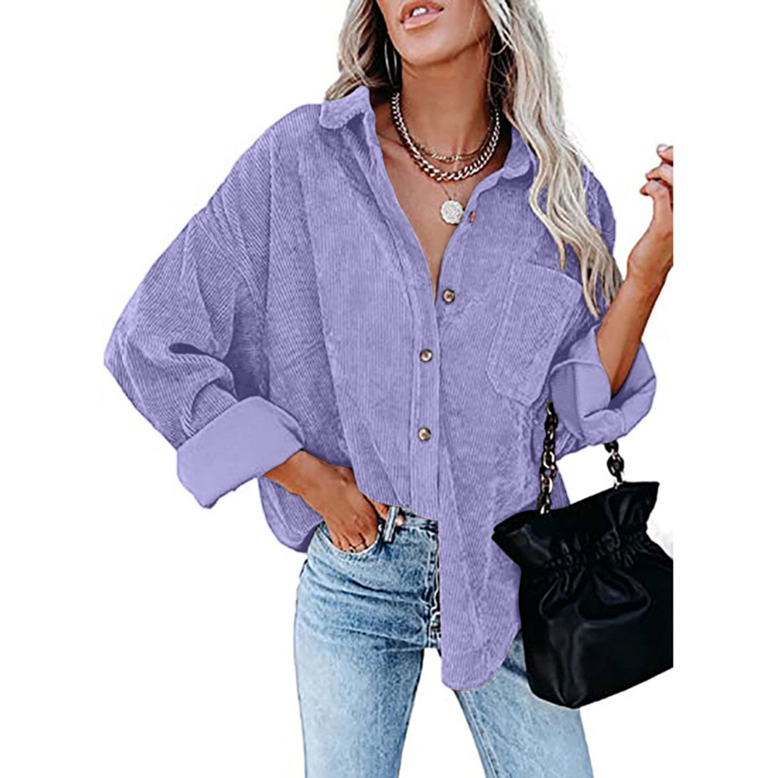 Corduroy Jacket Women Button Down Shacket Casual Shirt Jacket Loose Dropped  Shoulder Long Sleeve Boyfriend Blouses Tops with Chest Pocket 