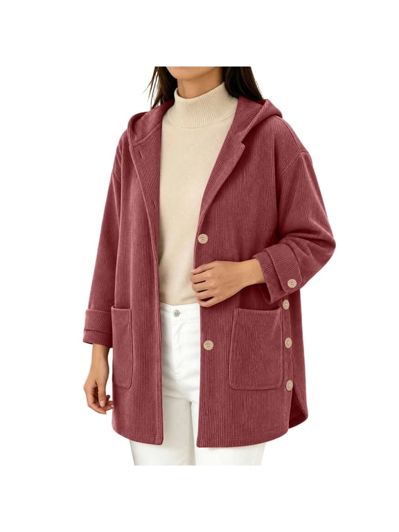 Corduroy Jacket Women Casual Button Down Fall Hooded Jackets Side Slit Daily Lounge Mid-thigh Coats Pink 2XL