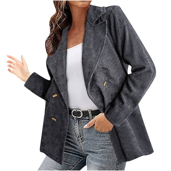 Corduroy Jacket Women Casual Double Breasted Blazer Jacket Plain Notched Long Sleeve Suit Coats Regular Fit Solid Work Office Business Longline Suit Jackets Ladies Autumn Winter