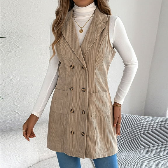 Corduroy Jacket Women Double Breasted Buttons Sleeveless Lapel Vest Fall Fashion Casual Office Daily Wear Outerwear with Pockets