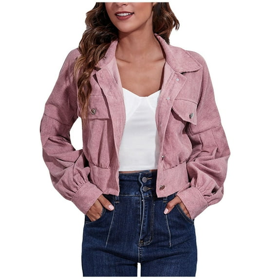 Corduroy Jacket Women, Ladies Cropped Cardigan Casual Slim Fit Long Sleeve Lapel with Pockets Button Down Blazers Solid Color Short Jackets Coats Fall