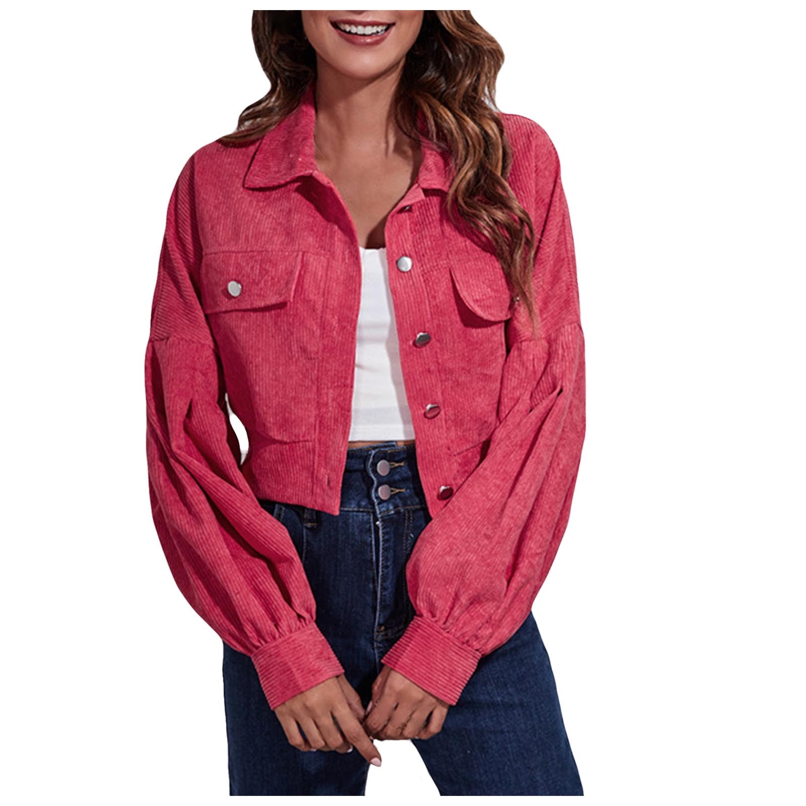 Corduroy Jacket Women Ladies Cropped Cardigan Casual Slim Fit Long Sleeve Lapel with Pockets Button Down Blazers Solid Color Short Jackets Coats Fall Saving Clearance Walmart