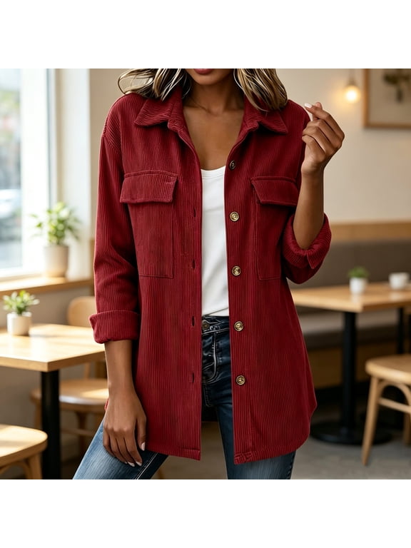Corduroy Jacket Women Light Weight Button Down Corduroy Shacket Fall Casual Jackets, Long Sleeve, Collared Corduroy Shirt, Cord Bomber Jacket, with Pockets, Work, Vintage, Streetwear(Red,S)