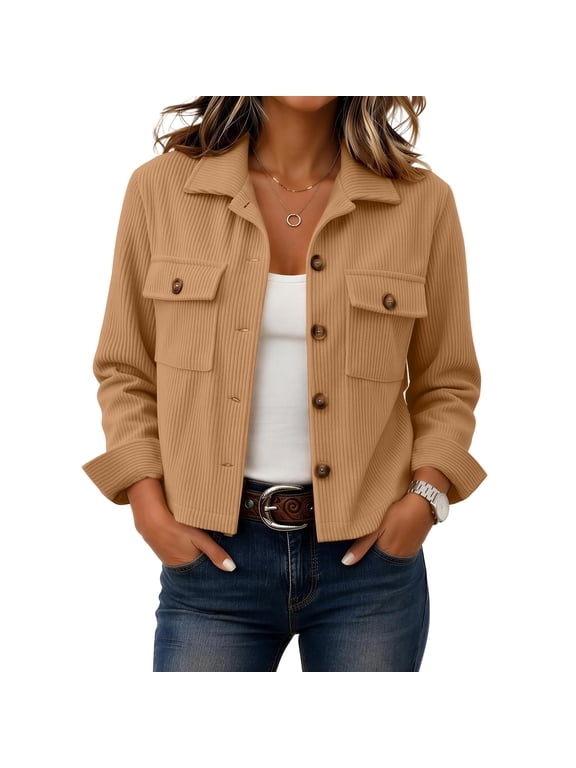 Corduroy Jacket Women Long Sleeve Button Down Cropped Jacket Dressy Casual Lightweight Crop Shackets Cute Jackets Pockets Fall Winter Fashion Outwear Khaki 2XL