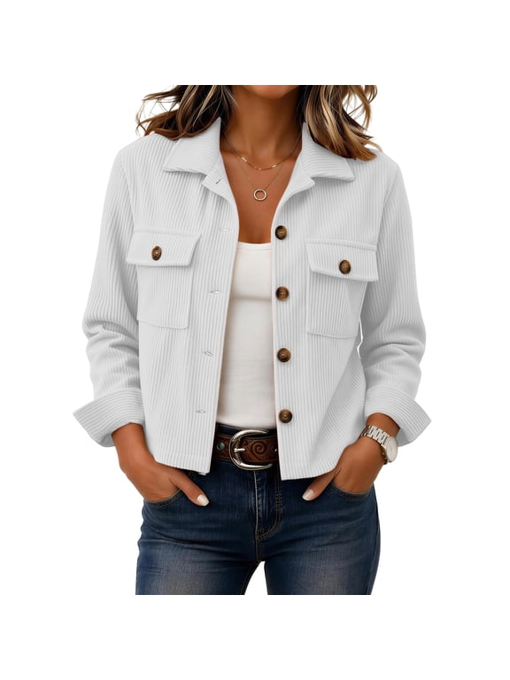 Corduroy Jacket Women Long Sleeve Button Down Cropped Jacket Dressy Casual Lightweight Crop Shackets Cute Jackets Pockets Fall Winter Fashion Outwear White 2XL