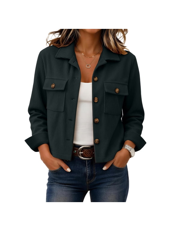 Corduroy Jacket Women Long Sleeve Button Down Cropped Jackets Dressy Casual Lightweight Crop Shackets with Chest Pockets Fall Winter Outwear 2026 Fashion