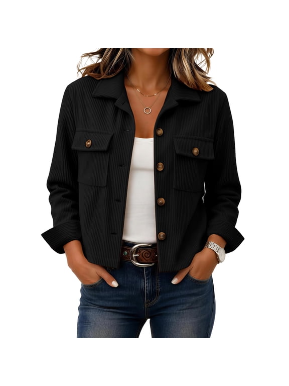 Corduroy Jacket Women Long Sleeve Button Down Cropped Jackets Dressy Casual Lightweight Crop Shackets with Chest Pockets Fall Winter Outwear 2026 Fashion