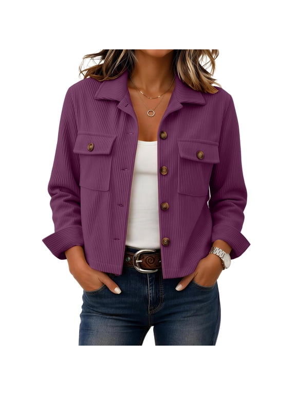 Corduroy Jacket Women Long Sleeve Button Down Cropped Jackets Dressy Casual Lightweight Crop Shackets with Chest Pockets Fall Winter Outwear 2026 Fashion