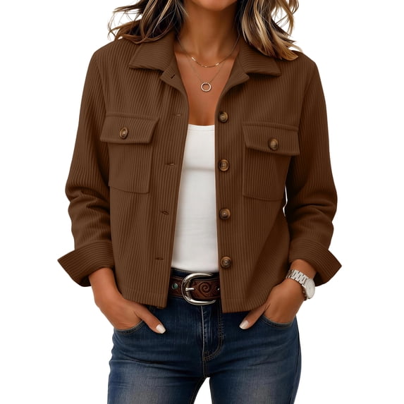 Corduroy Jacket Women Long Sleeve Button Down Cropped Jacket, 2XL