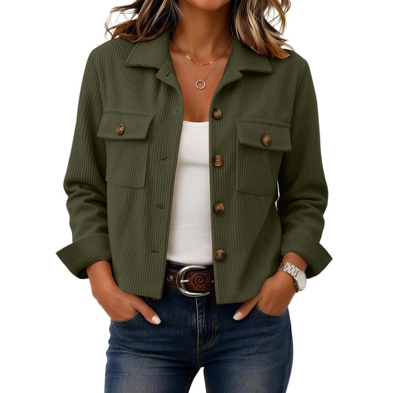 Corduroy Jacket Women Long Sleeve Button Down Cropped Jacket, M