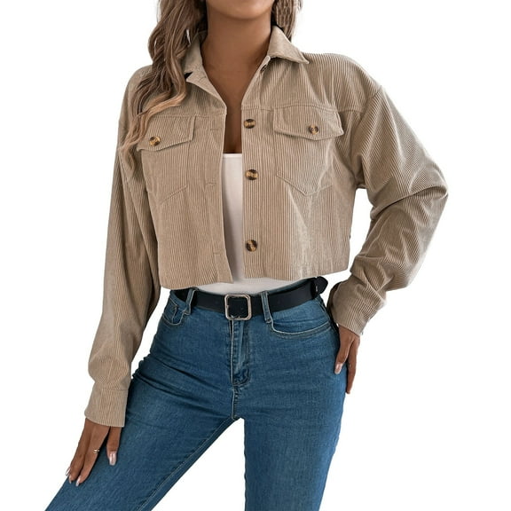 Corduroy Jacket Women, Yigetop Women's Fashion Cropped Shacket Button Down Corduroy Shacket Jackets Casual Plaid Long Sleeve Crop Jackets Tops Cropped Jacket Khaki S