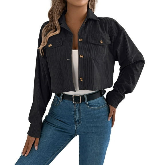 Corduroy Jacket Women, Yigetop Women's Fashion Cropped Shacket Button Down Corduroy Shacket Jackets Casual Plaid Long Sleeve Crop Jackets Tops Cropped Jacket Black L