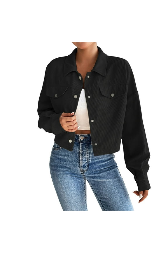 Corduroy Jacket Women, Yigetop Womens Cropped Corduroy Jacket Loose Button Down Long Sleeve Shacket Coat Jackets for Women Trendy Black L