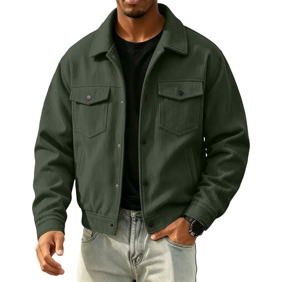 Corduroy Jacket for Men Button Down Vintage Long Sleeve Coat with Flap Pocket Casual Fall Winter Outwear, L
