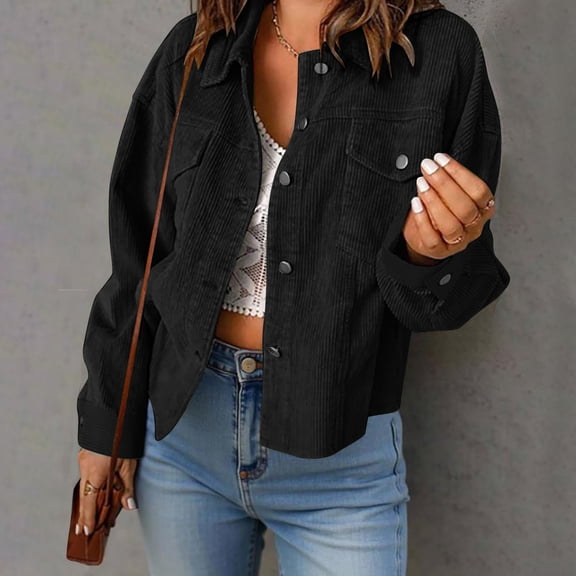 Corduroy Jacket for Women Casual Long Sleeve Fall Outerwear Button Down Shacket Jackets Black M