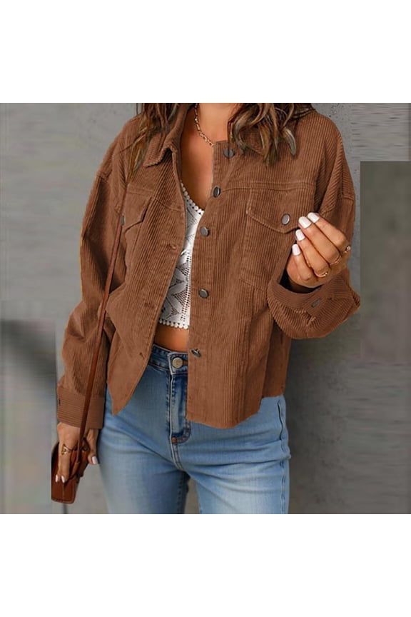Corduroy Jacket for Women Casual Long Sleeve Fall Outerwear Button Down Shacket Jackets Coffee S