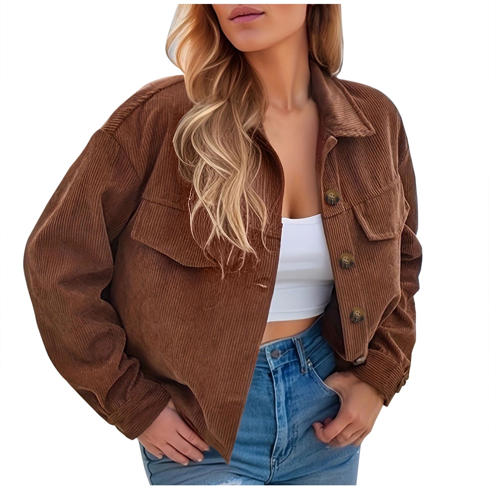 Corduroy Jacket for Women Fashion Solid Color Long Sleeve Lapel Button — free download