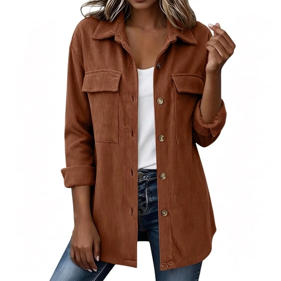 Corduroy Jacket for Women Trendy Long Sleeve Button Down Fall Shackets Oversized Lightweight Casual Coats with Pockets,Light Brown,L