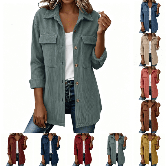 Corduroy Jacket for Women Trendy Long Sleeve Button Down Fall Shackets Oversized Lightweight Casual Coats with Pockets Mint Green 3XL