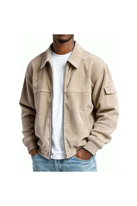 Corduroy Jackets for Men Casual Fall Winter Button Up Bomber Coat with Pockets Fashion Outerwear Coat (XL, Khaki)