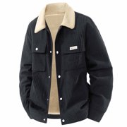 Corduroy Jackets for Men Fall Winter Sherpa Fleece Lined Warm Coat Button Down Lapel Collar Shacket Outerwear M, Black