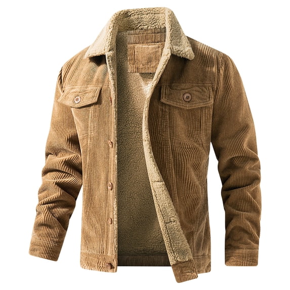Corduroy-Jackets for Men with Pockets Fleece Lined Button-Down Collared Coats Mens Casual Solid Color Long Sleeve Solid Thermal Warm Work Jacket