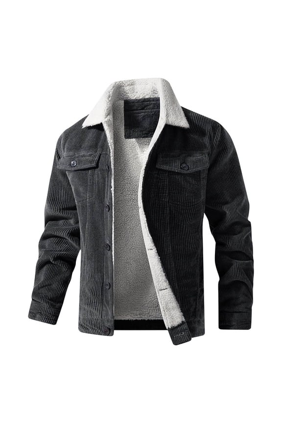 Corduroy-Jackets for Men with Pockets Fleece Lined Button-Down Collared Coats Mens Casual Solid Color Long Sleeve Solid Thermal Warm Work Jacket