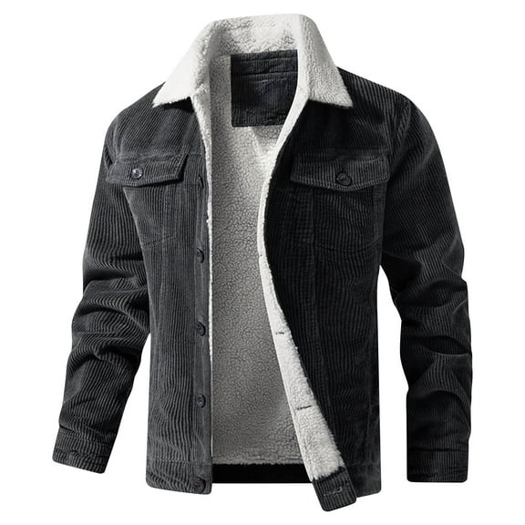 Corduroy-Jackets for Men with Pockets Fleece Lined Button-Down Collared Coats Mens Casual Solid Color Long Sleeve Solid Thermal Warm Work Jacket
