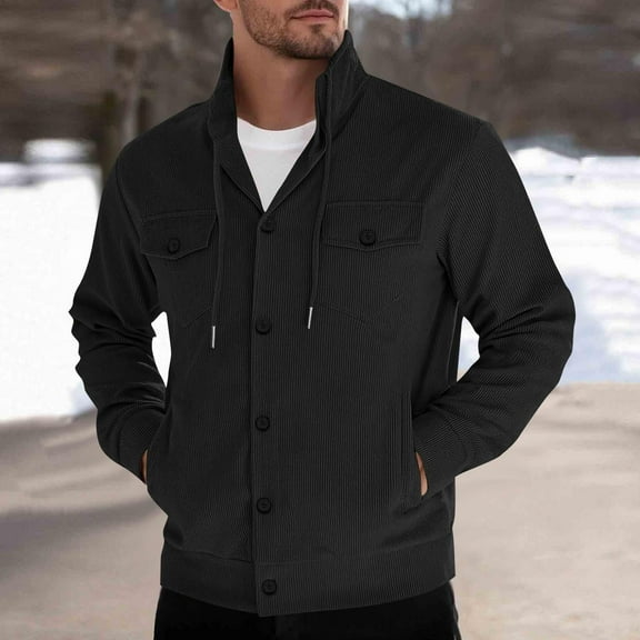 Corduroy-Jackets for Men with Pockets Long Sleeve Button-Down Coats Mens Casual Solid Color Drawstring Mock Neck Work Outerwear Shirt Jacket