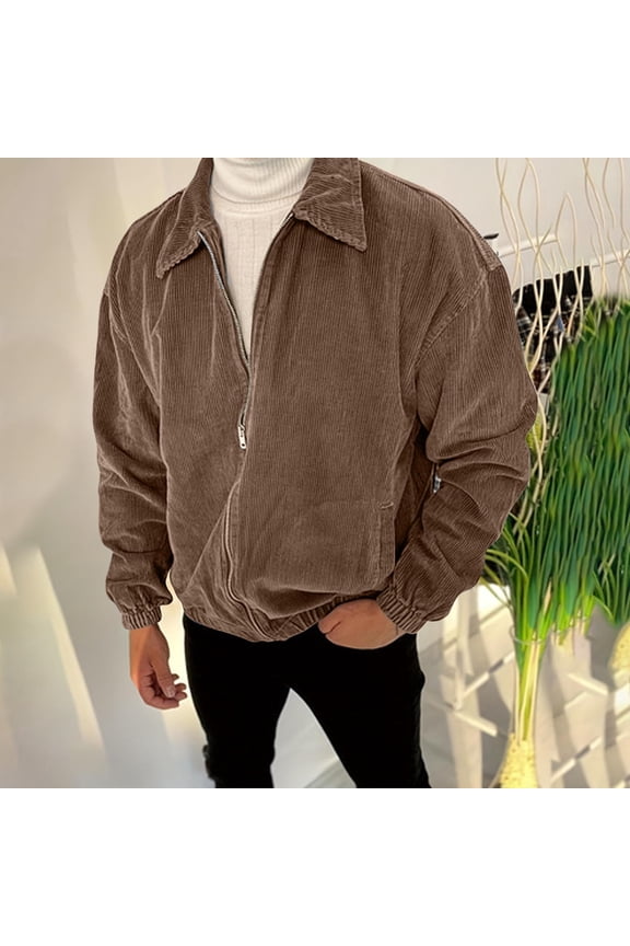 Corduroy Jackets for Men with Pockets Long Sleeve Zip-Up Collared Coats Mens Casual Solid Color Breathable Athletic Baseball Outerwear Jacket