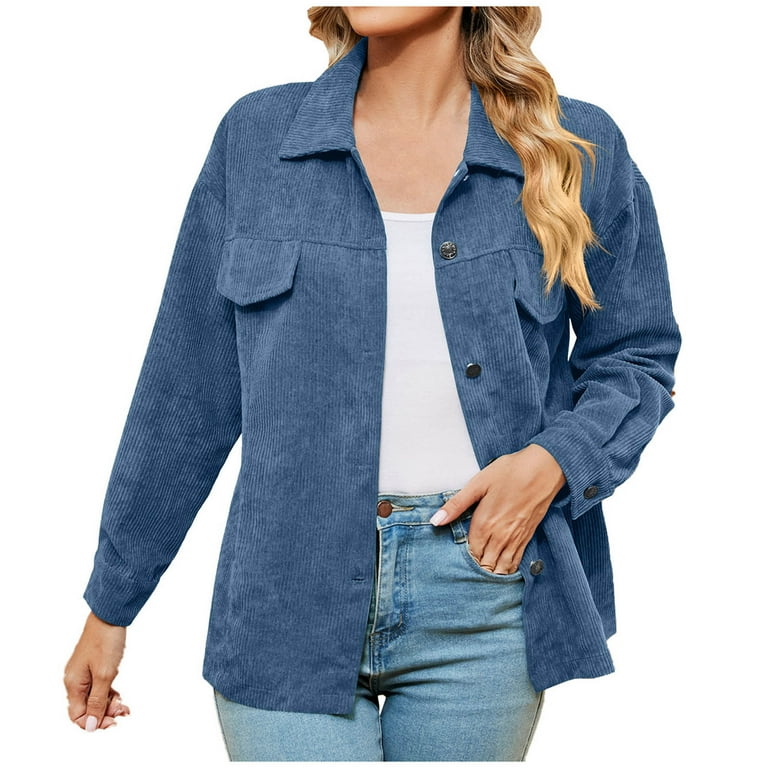 Corduroy Jackets for Women Trendy Comfy Button Down Lapel Shirt Jacket Outerwear Pocket Long Sleeve Fall Outfit XX Large Blue Walmart