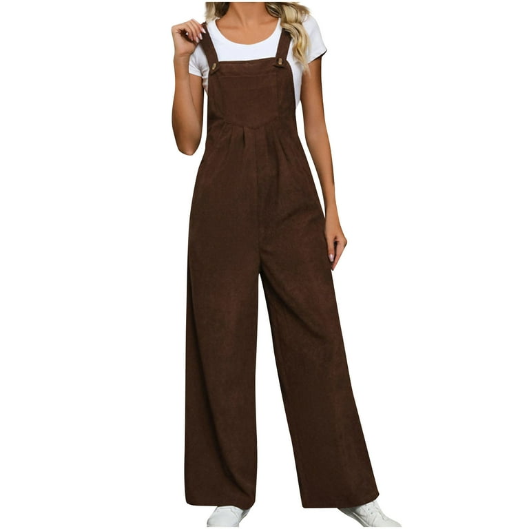 Corduroy Jumpsuit for Women Wide Leg Casual Summer Rompers Adjustable Vintage Loose Fit Overalls with Pockets