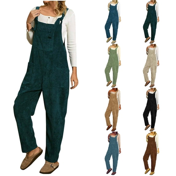 Corduroy Jumpsuit with Pockets Women's Bib Trousers Overalls 2024 Spring Summer Casual Wide Leg Romper Fashion Gifts for Women | CSEONE,Black L