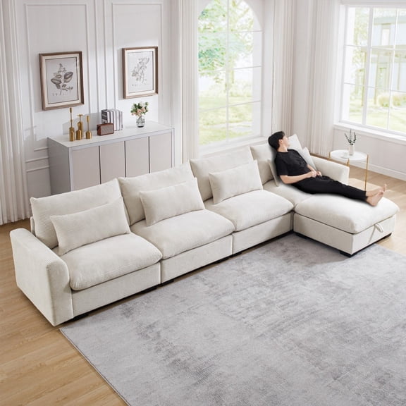 Modern L-Shaped Sectional Sofa with Corduroy Fabric (220×80×75cm) - Deep Seats, Storage Footstool & 4 Pillows