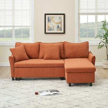 Corduroy L-shaped Sofa with 2 Throw Pillows, 3-Seat Convertible Sofa Bed with Reversible Storage Chaise, Pull-Out Sleeper Sofa Bed for Small Space, Living Room, Office, Orange