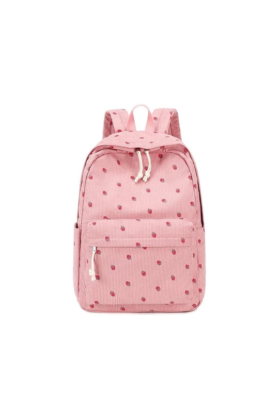 Corduroy Large Capacity Backpack, Strawberry Print Casual Leisure Rucksack, Light Pink Student School Bag for Daily Commute Short Travel Outdoor Activities