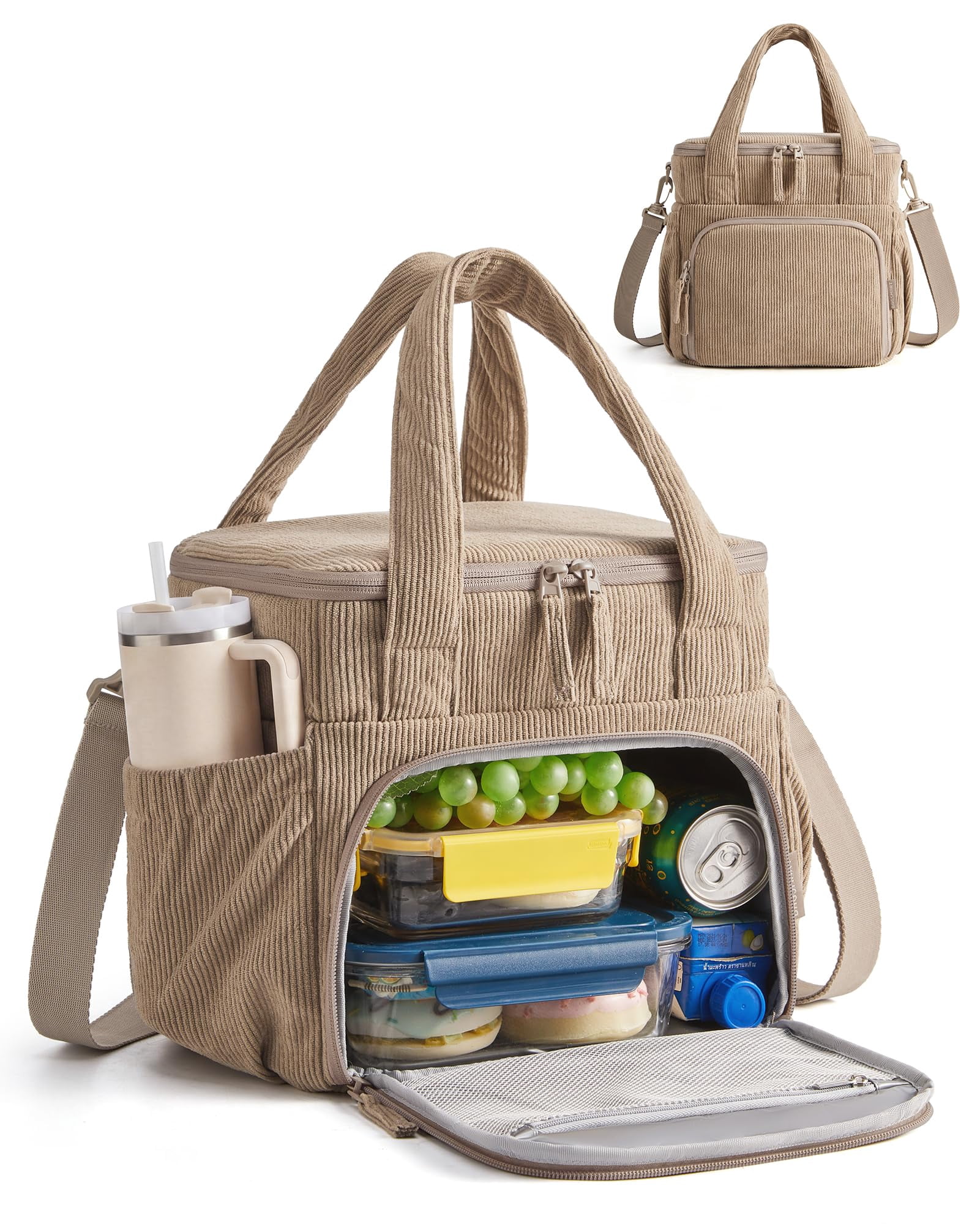 Lunch Box Rucksack Corduroy Large Lunch Bag Women, Double Deck Insulated Lunch Box ...