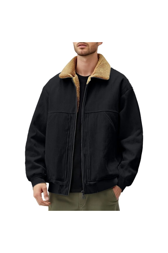 Corduroy Lined Jacket Winter Warm Fleece Collar Casual Outerwear Coats For Daily Street Style Comfort-Black-XXL
