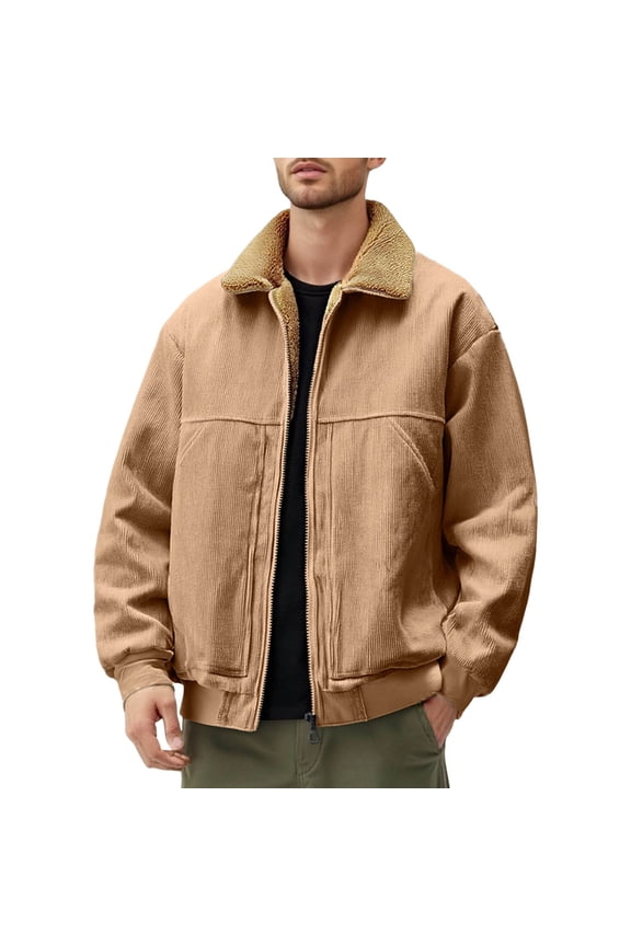 Corduroy Lined Jacket Winter Warm Fleece Collar Casual Outerwear Coats For Daily Street Style Comfort-Brown-XXL