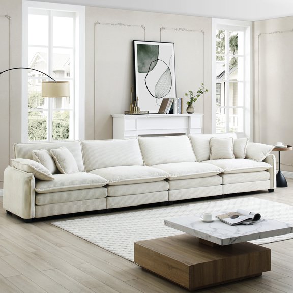 Corduroy For Living Room & Work: 4 Seater, Beige, With Detachable Throw Pillows, Easy To Assemble Beige Fabric : Seater Home Office, Soft Texture Assembly Required