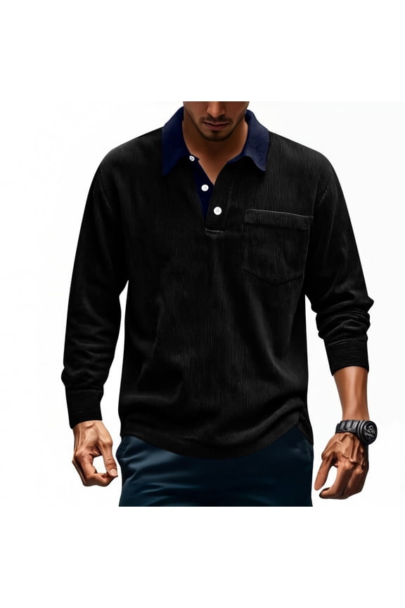 Corduroy Long Sleeve Polo for Men Classic Button Basic Shirt Casual Slim Fashion Collared Shirt Black XXXL