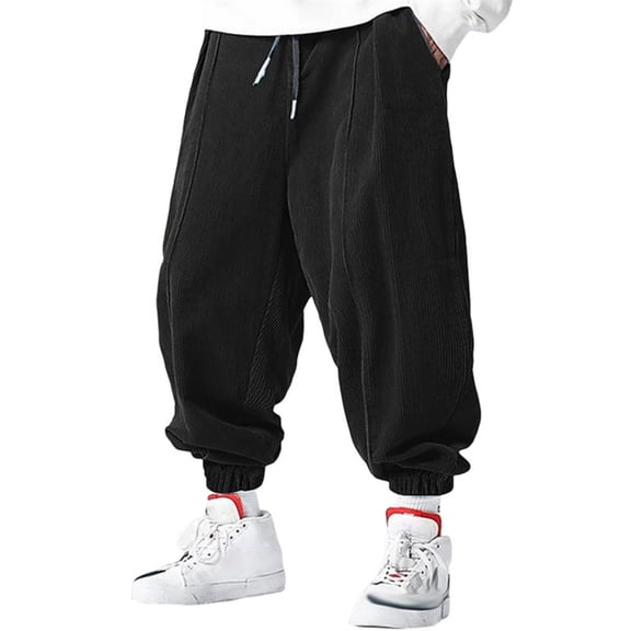 Corduroy Loose Fit Tapered Pants with Drawstring Waistband and Elastic Cuffs for Men Casual Streetwear Style