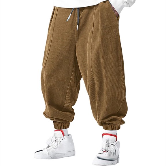 Corduroy Loose Fit Tapered Pants with Drawstring Waistband and Elastic Cuffs for Men Casual Streetwear Style