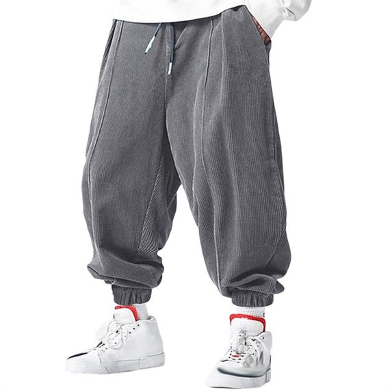 Corduroy Loose Fit Tapered Pants with Drawstring Waistband and Elastic Cuffs for Men Casual Streetwear Style