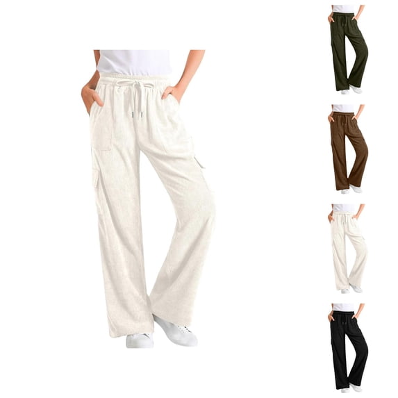 Corduroy Lounge Pants Women 2026 Trendy Elastic High Waist Wide Straight Leg Casual Loose Cargo Pants